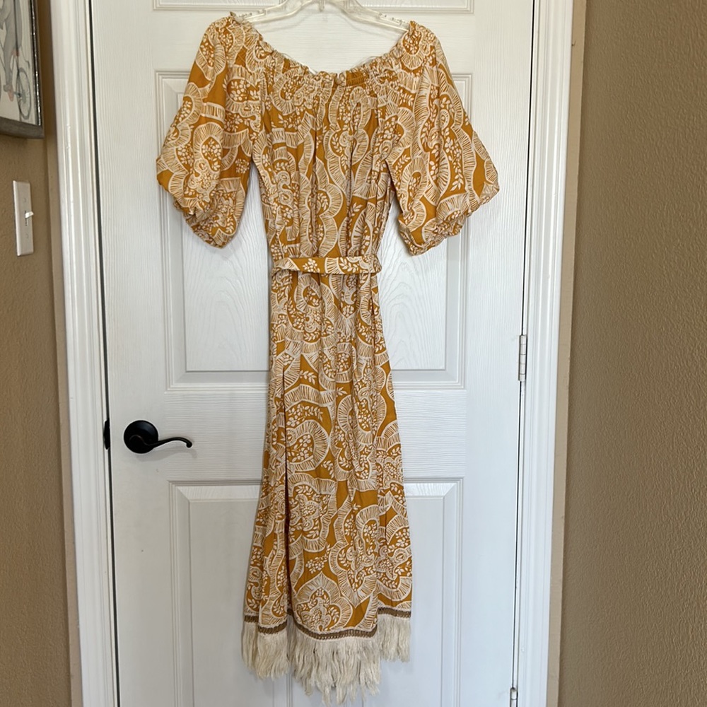 Off-Shoulder Yellow Paisley Midi Dress with Fringe - Picture 8 of 13